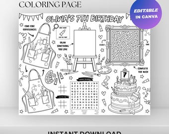 Art Birthday Coloring Placemat : Editable Painting Party Activity Sheet (Digital Download)
