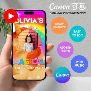 Unicorn 4th Birthday Video Invitation: Rainbow Canva Template (Digital Download)