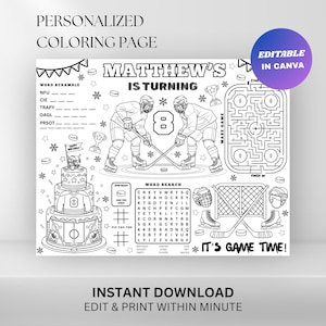 Personalized Hockey Birthday Coloring Placemat : Kids Party Activity Sheet (Digital Download)