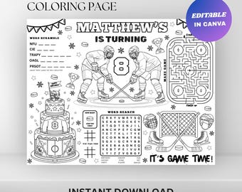 Personalized Hockey Birthday Coloring Placemat : Kids Party Activity Sheet (Digital Download)