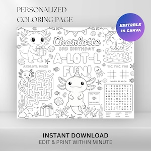 Editable Axolotl Birthday Party Coloring Placemat : Kids Activity Sheet (Digital Download)