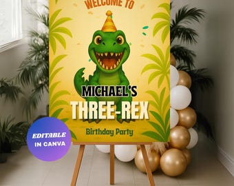 Dinosaur 3rd Birthday Welcome Sign : Editable Three Rex Party Poster (Digital Download)