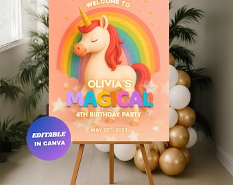 Welkomstbord verjaardag eenhoorn: bewerkbare magische feestbanner (digitale download)