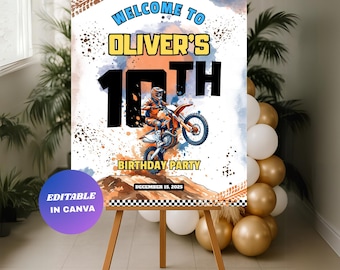Redigerbar välkomstskylt för dirt bike-födelsedag: Motocross-festskylt för pojkar (digital nedladdning)