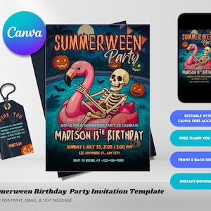 Invitación de cumpleaños de Summerween, invitación editable para fiesta fantasma en la piscina, descarga digital, celebración de verano espeluznante, plantilla para fiesta de Summerween
