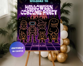 Editable Neon Halloween Costume Party Welcome Sign Template (Digital Download)