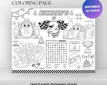 Editable Race Car Birthday Coloring Placemat : Two Fast Party Activity Sheet (Digital Template)