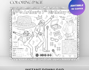 Editable Pop Song King Birthday Placemat : 80s 90s Coloring Activity (Digital Download)