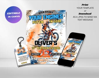 Bearbeitbare Dirt Bike Geburtstagseinladung: Motocross Party einladen (Digitaler Download)