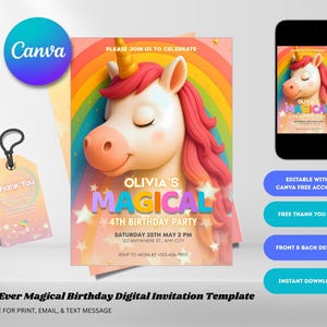Magical Unicorn Birthday Invitation: Editable Canva Template (Digital Download)
