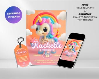 Skeleton Unicorn Birthday Invitation : Editable Pastel Sparkle Party Invite (Digital Download)
