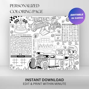 Mantel individual para colorear editable de cumpleaños de Hot Rod: Hoja de actividades imprimible para una fiesta de Hot Rod