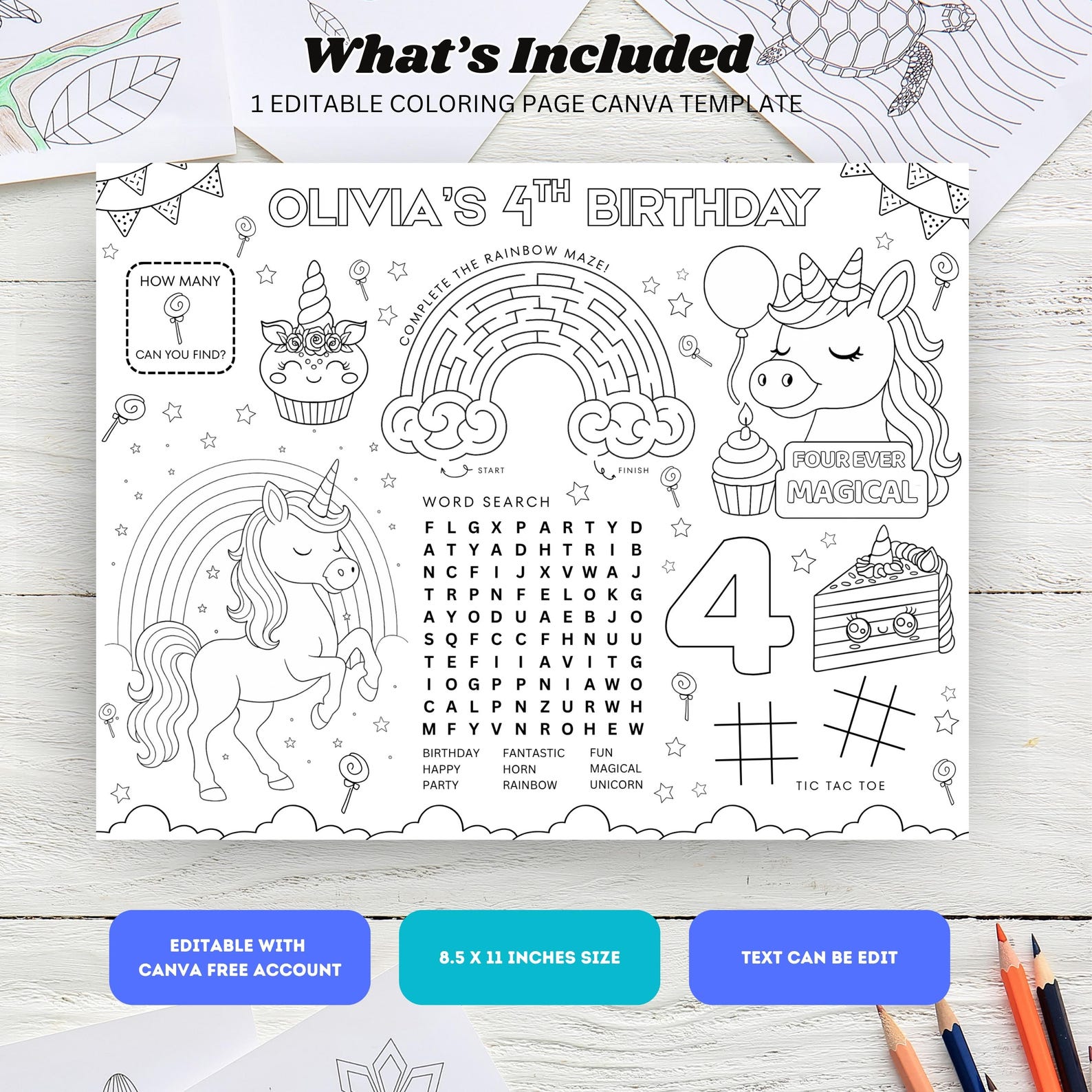Editable Unicorn Birthday Coloring Placemat : Four Ever Magical Kids ...