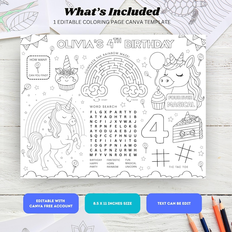 Editable Unicorn Birthday Coloring Placemat : Four Ever Magical Kids ...