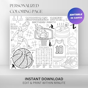 Basketball Birthday Coloring Placemat : Editable Sports Party Activity Sheet (Digital Download)