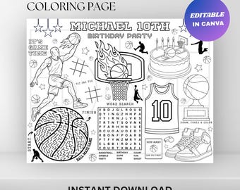 Basketball Birthday Coloring Placemat : Editable Sports Party Activity Sheet (Digital Download)