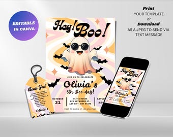 Bewerkbare verjaardagsuitnodiging Pink Ghost: Spooktaculaire Halloween-feestuitnodiging (digitale download)