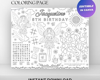 Editable Fairy Birthday Coloring Placemat : Magical Forest Party Activity Sheet (Digital Download)