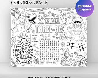 Set de table à colorier pour le 3e anniversaire d'un dinosaure : feuille d'activités pour fête des trois Rex (téléchargement numérique)