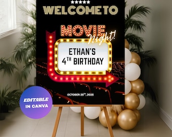 Editable Movie Night Birthday Welcome Sign : Printable Cinema Party Poster (Digital Download)