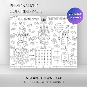 Puede incluir: Página para colorear personalizada en blanco y negro para un 6º cumpleaños. Presenta un laberinto, una búsqueda de palabras e ilustraciones temáticas de Lego, con una tarta, regalos y un globo. Incluye el texto "Oliver's 6th Birthday" y "Play Time".