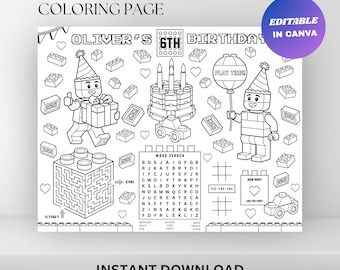 Building Blocks Birthday Activity Placemat : Editable Brick Party Coloring Mat (Digital Download)