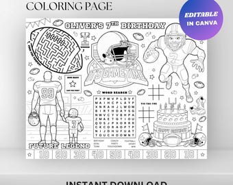 Football Birthday Coloring Placemat: Editable American Sports Kids Party Activity Page (Digital Download)