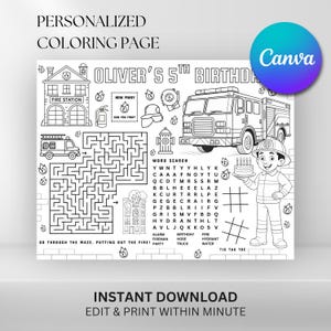 Firetruck Birthday Party Coloring Placemat: Editable Fireman Activity