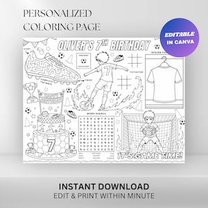 Fußball-Geburtstags-Platzset: Bearbeitbares Kinderparty-Aktivitätenblatt (digitaler Download)