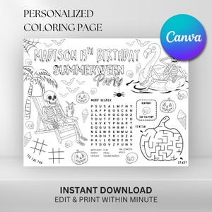 Summerween Birthday Activity Mat Printable, Summer Halloween Coloring Sheet, Cute Spooky Holiday Craft, Summerween Kids Birthday Party