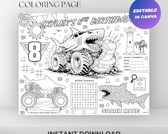 Editable Shark Megalodon Monster Truck Birthday Coloring Placemat : Summer Party Activity Sheet (Digital Download)