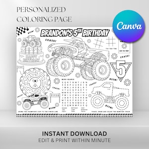 Monster Truck Birthday Coloring Page: Editable Kids Party Activity (Digital Download)