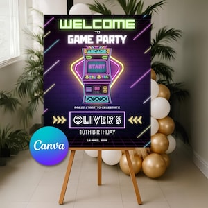 Video Game Birthday Welcome Sign: Editable Printable Neon Arcade Party Design (Digital Download)