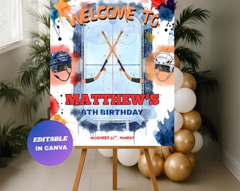 Placa de boas-vindas editável para aniversário com tema de hóquei no gelo: Modelo imprimível para decoração de festa de hóquei (Download digital)