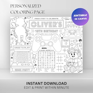 Gamer Geburtstags-Tischset zum Ausmalen: Personalisierte Spielparty-Aktivität (Digitaler Download)