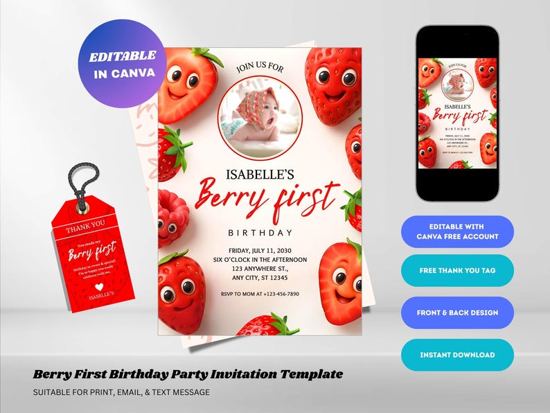 Editable Berry First Birthday Invitation : Strawberry 1st Birthday ...