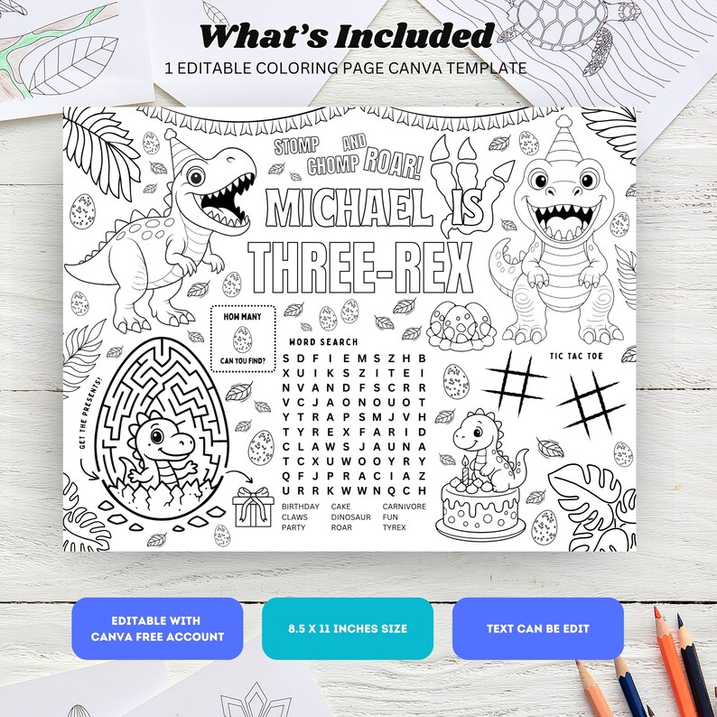 Editable Dinosaur 3rd Birthday Coloring Placemat : Three Rex Party ...