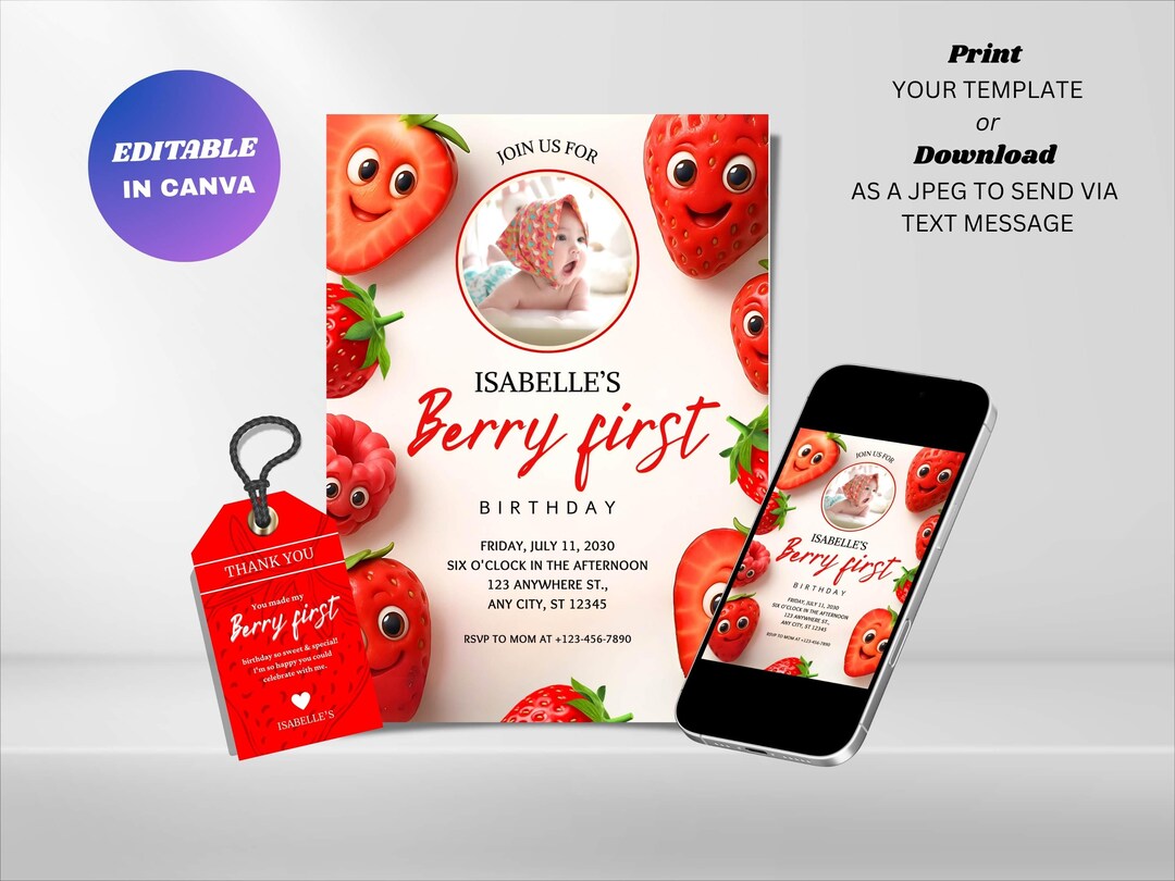 Editable Berry First Birthday Invitation : Strawberry 1st Birthday ...
