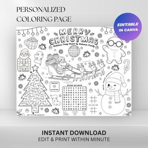 Editable Christmas Party Coloring Placemat : Santa Clause Holiday Activity Sheet (Digital Download)