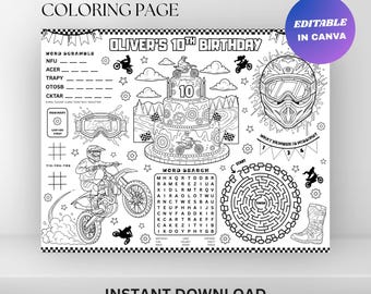 Editable Dirt Bike Birthday Coloring Placemat : Motocross Party Activity Kids (Digital Download)