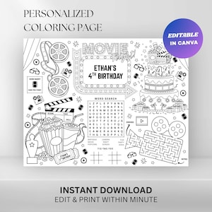 Editable Movie Night Birthday Coloring Placemat : Printable Cinema Party Favor (Digital Download)