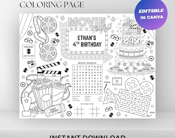 Editable Movie Night Birthday Coloring Placemat : Printable Cinema Party Favor (Digital Download)