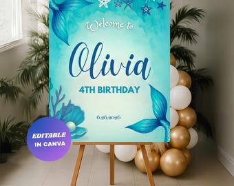 Editable Mermaid Birthday Welcome Sign : Under the Sea Party Decor (Digital Download)