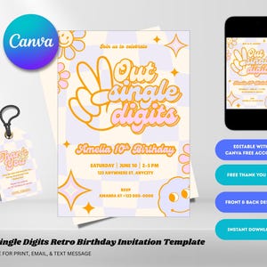 Invitación de cumpleaños editable Peace Out de un solo dígito, retro y genial, personalizable a través de Canva, invitación para niños, invitación de fiesta de cumpleaños de dos dígitos