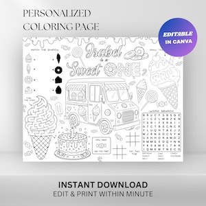 Bearbeitbares Eis-Geburtstags-Mal-Tischset: Sweet One-Party-Tätigkeitsblatt (Digitaler Download)