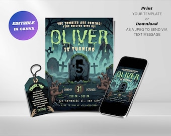 Bewerkbare verjaardagsuitnodiging zombies: uitnodiging voor monsterfeest (digitale download)
