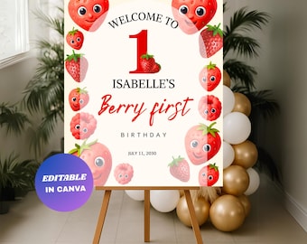 Editable Berry First Birthday Welcome Sign : Strawberry Birthday Party Poster (Digital Download)