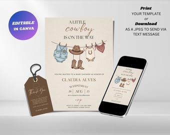Editable Cowboy Baby Shower Invitation : Wild West Baby Theme Party (Digital Download)
