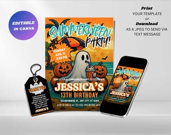 Editable Summerween Birthday Invitation : Ghost Party Template (Digital Download)