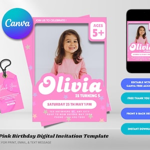 Editable Pink Doll Birthday Invitation with Photo, Pink Sparkle Party Invite, Pink Doll Birthday Party, Girls Birthday Invitation
